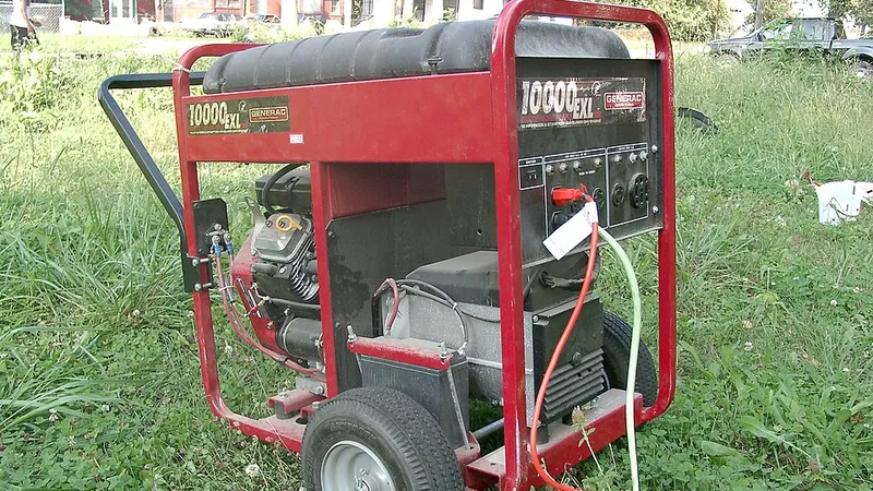 Red portable generator on a lawn