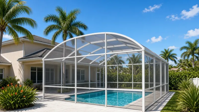 Illustrative screened pool cage enclosure behind a Florida home