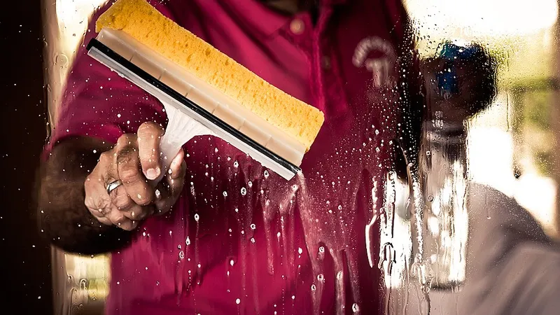 Window cleaner using a squeegee on a wet window