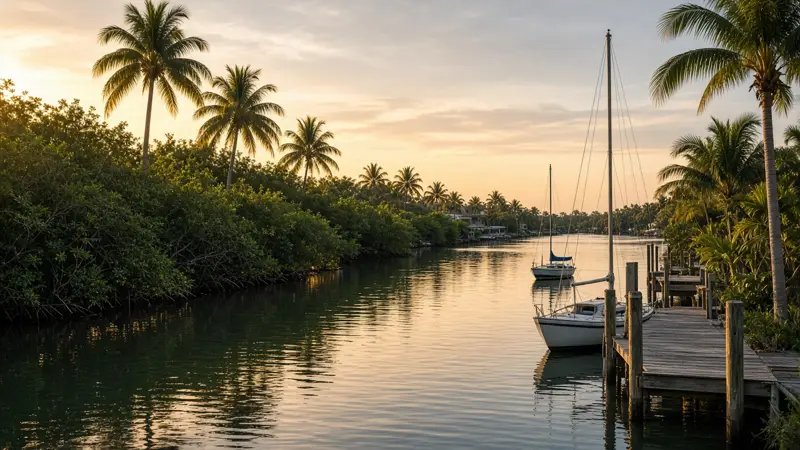 Illustrative calm canal with sailboats and mangroves at sunset